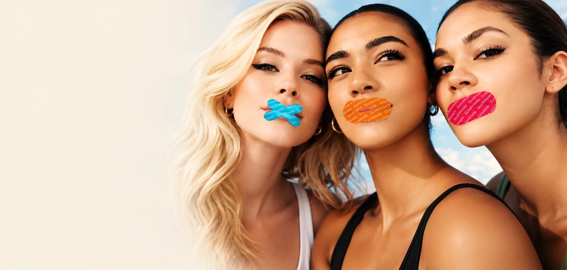 Three people wearing Quietmode mouth tape in blue, orange and red