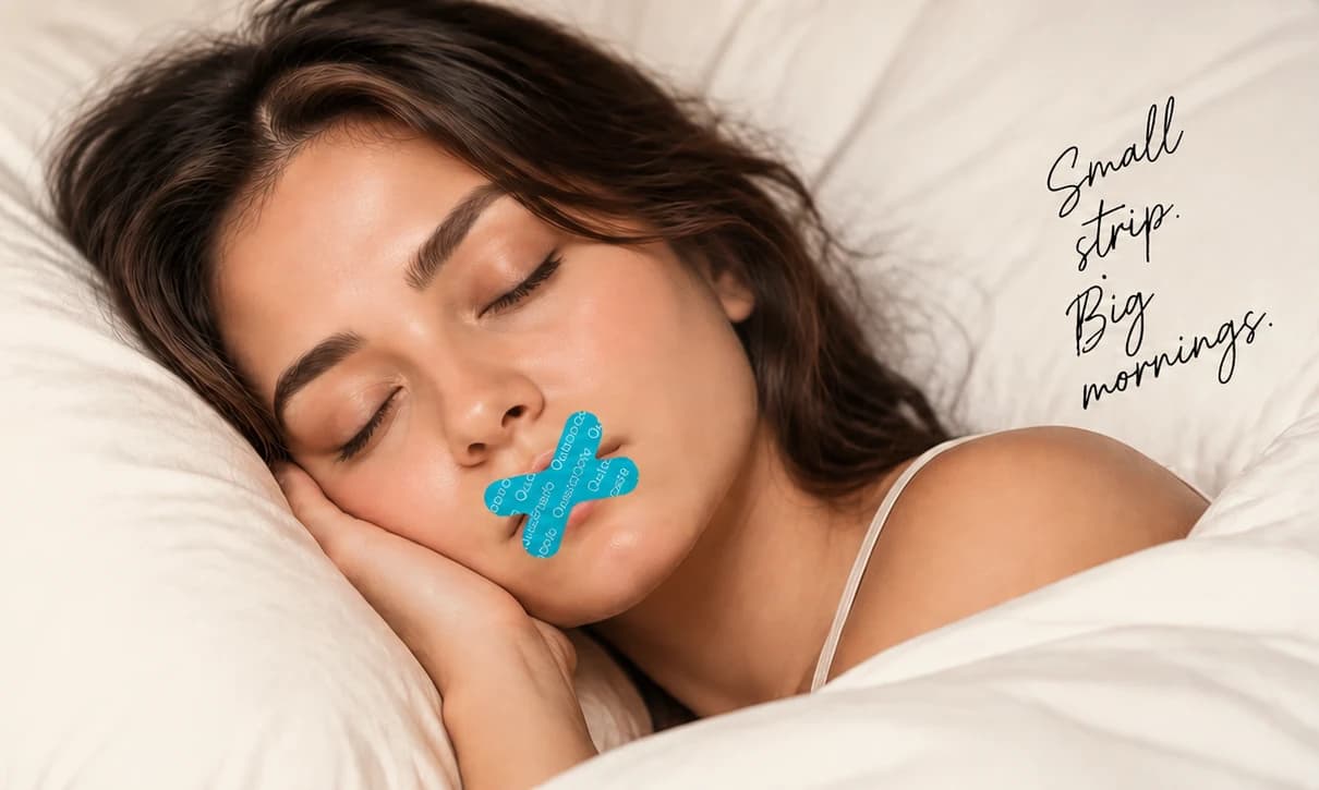 Someone asleep on their side wearing Quietmode mouth tape